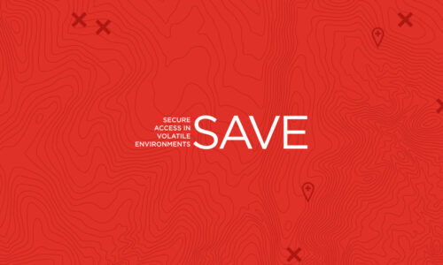 Red topographic map with a white logo centered on top that reads SAVE: Secure Access in Volatile Environments.
