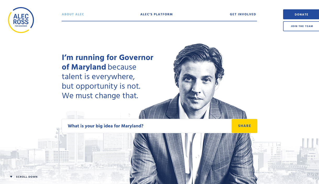 Hero area of the homepage for Alec Ross' primary campaign for Governor of Maryland