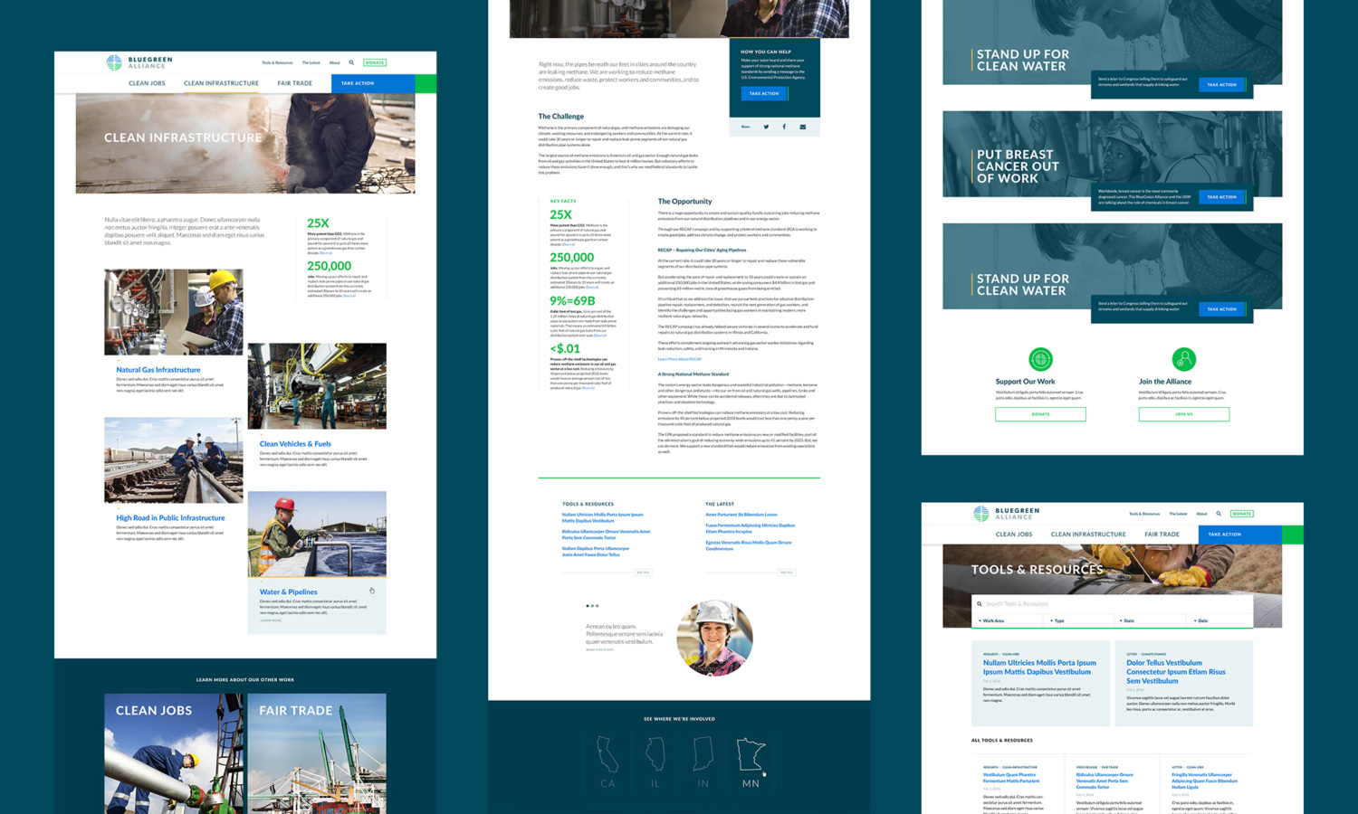 Collage of other page designs for the BlueGreen Alliance website