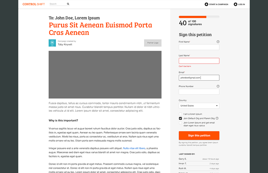 Image of a petition page template
