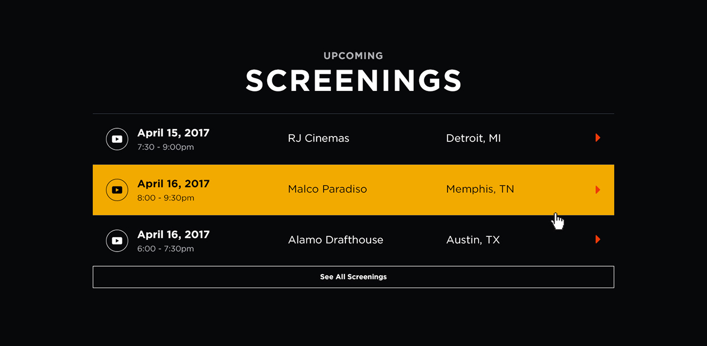 Screenings area of the homepage of the website
