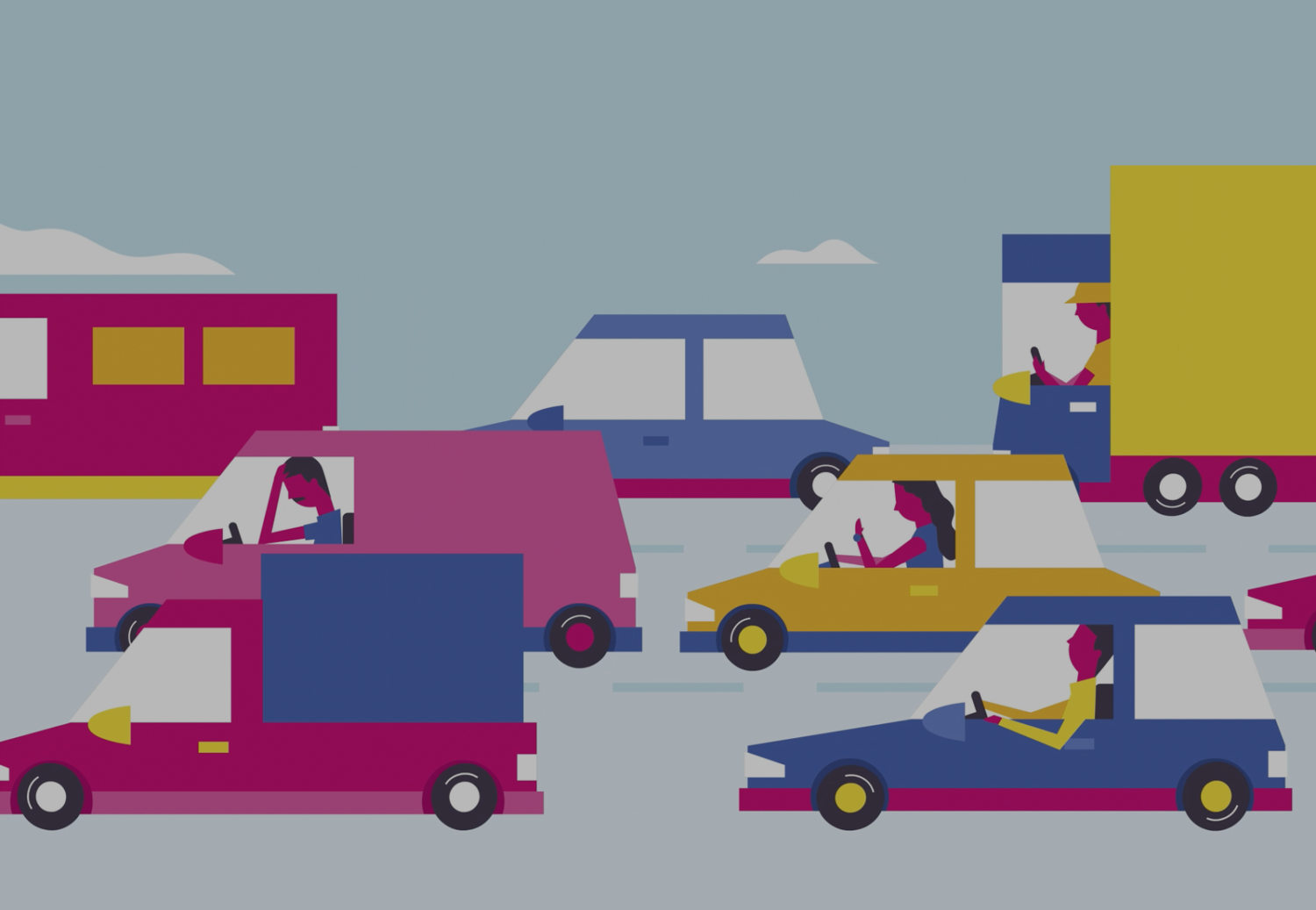 Still from the animation showing people waiting in heavy road traffic