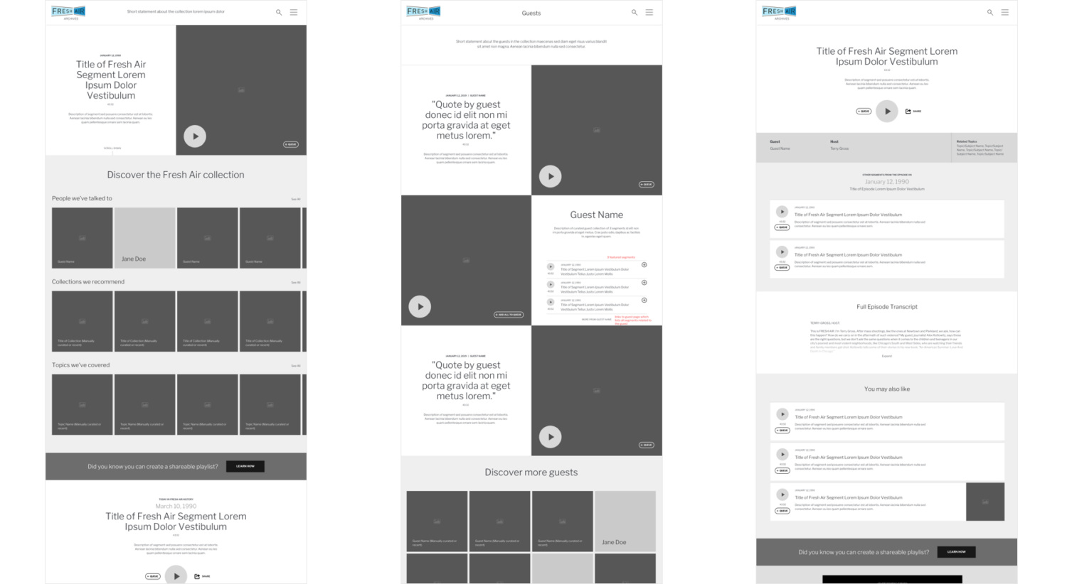 Wireframes for the archive site