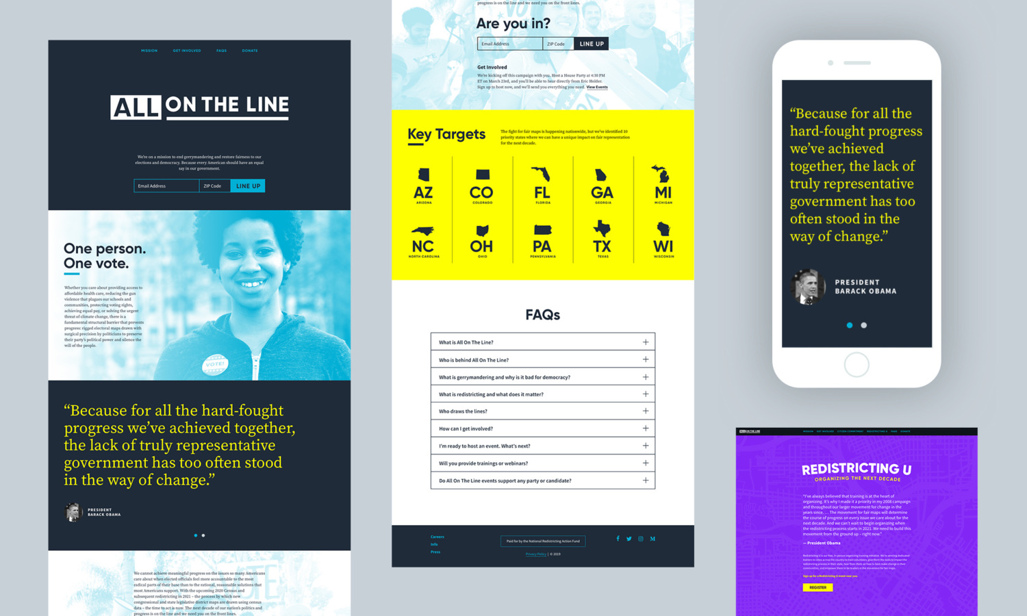 Collage of pages for the new website Teal designed and developed for the All on the Line advocacy campaign