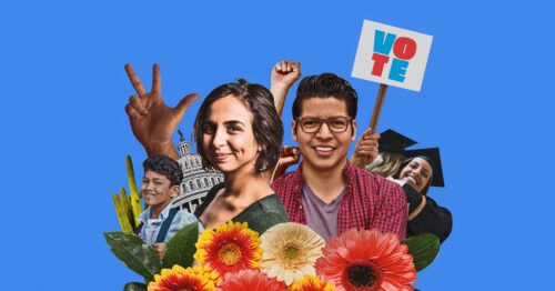 Collage of young Latinx people smiling, with large flowers in the foreground, a sign that says 