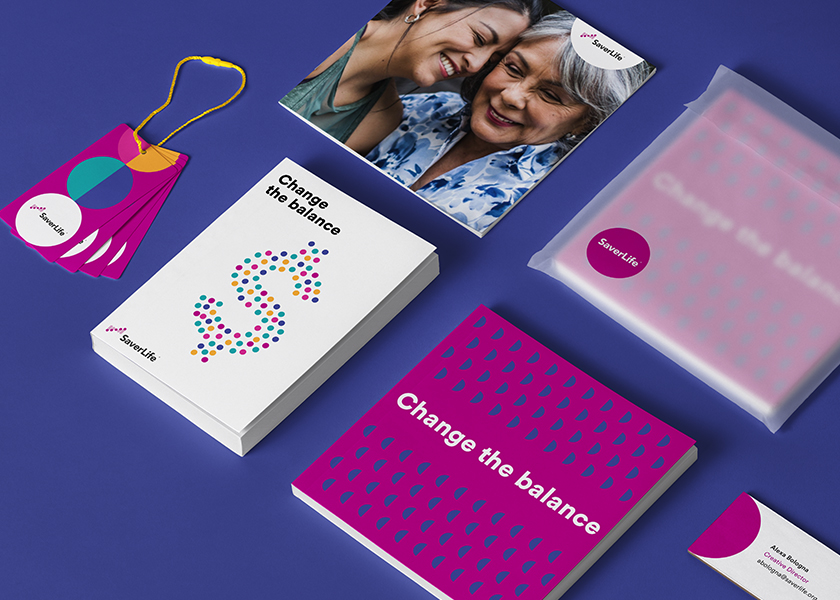 A sample of the brand collateral that Teal Media created for the nonprofit SaverLife, including lanyards, a book, business cards, and a brochure.