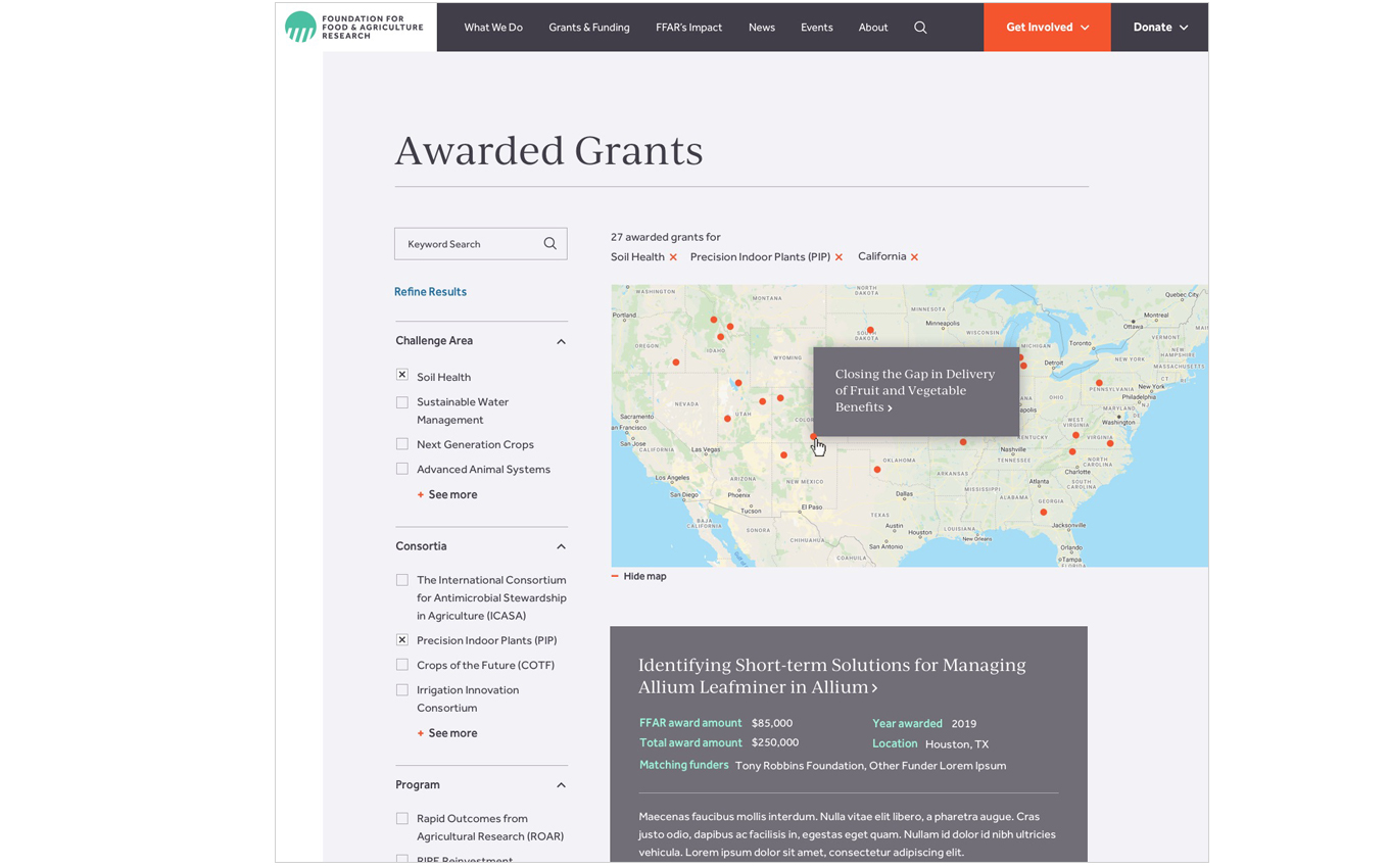 FFAR website filter showing awarded grants