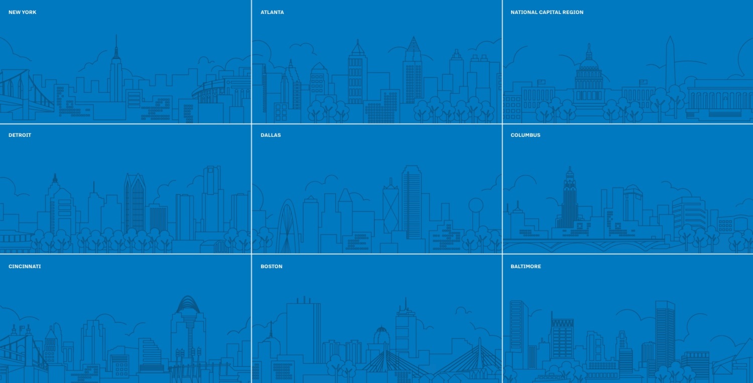 Illustration of skylines of Per Scholas campuses