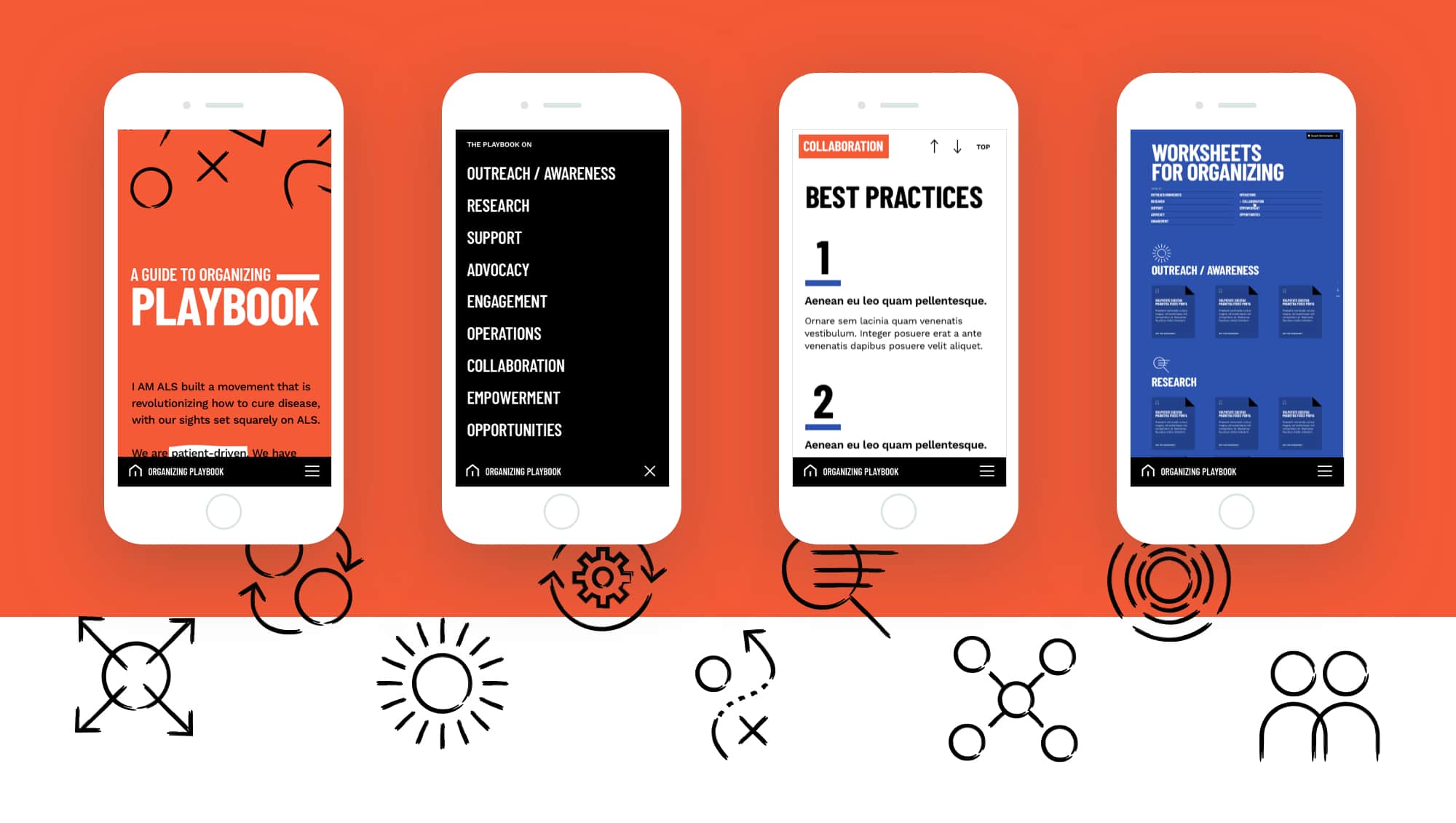 Design compositions set on a mobile device for screens from the Playbook site, arranged horizontally on an orange background. Graphic icons are arranged towards the bottom of the orange background.