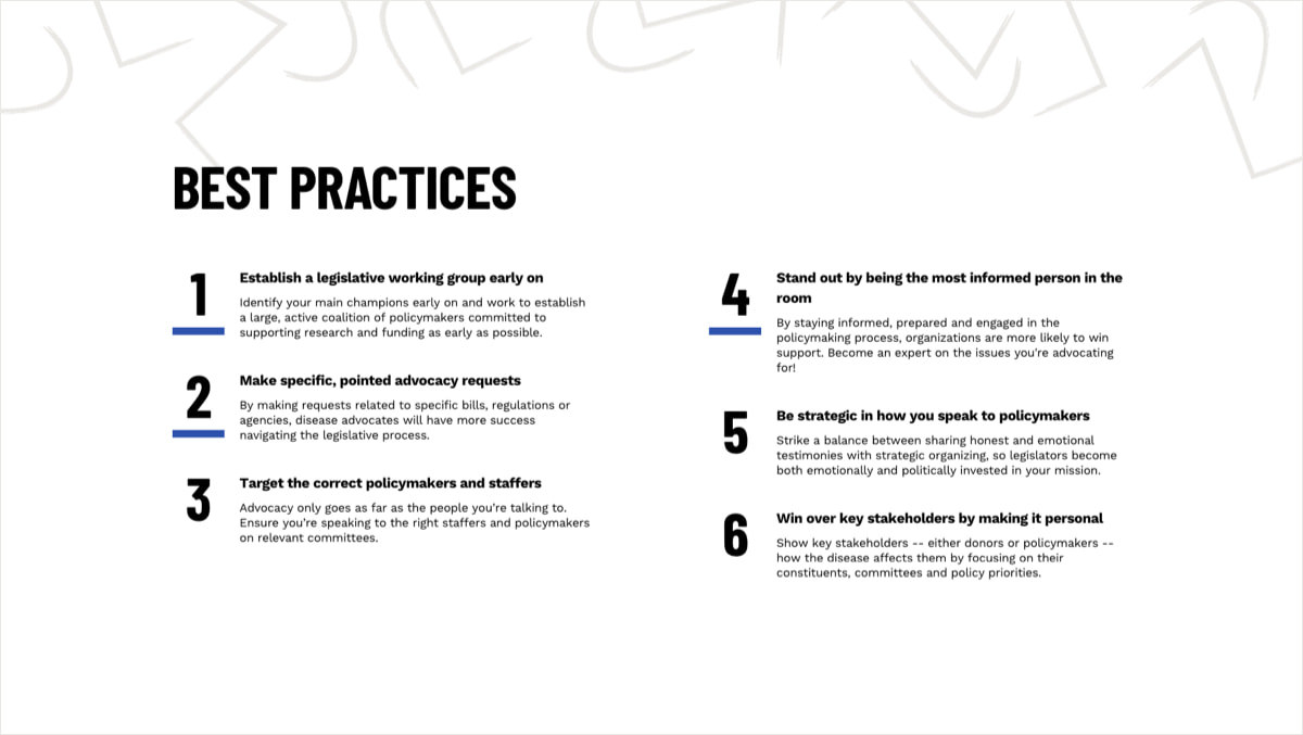 Section for Best Practices with an ordered list of six items. Each item has a thick blue underline. The background is white with abstract line graphics in the top portion.