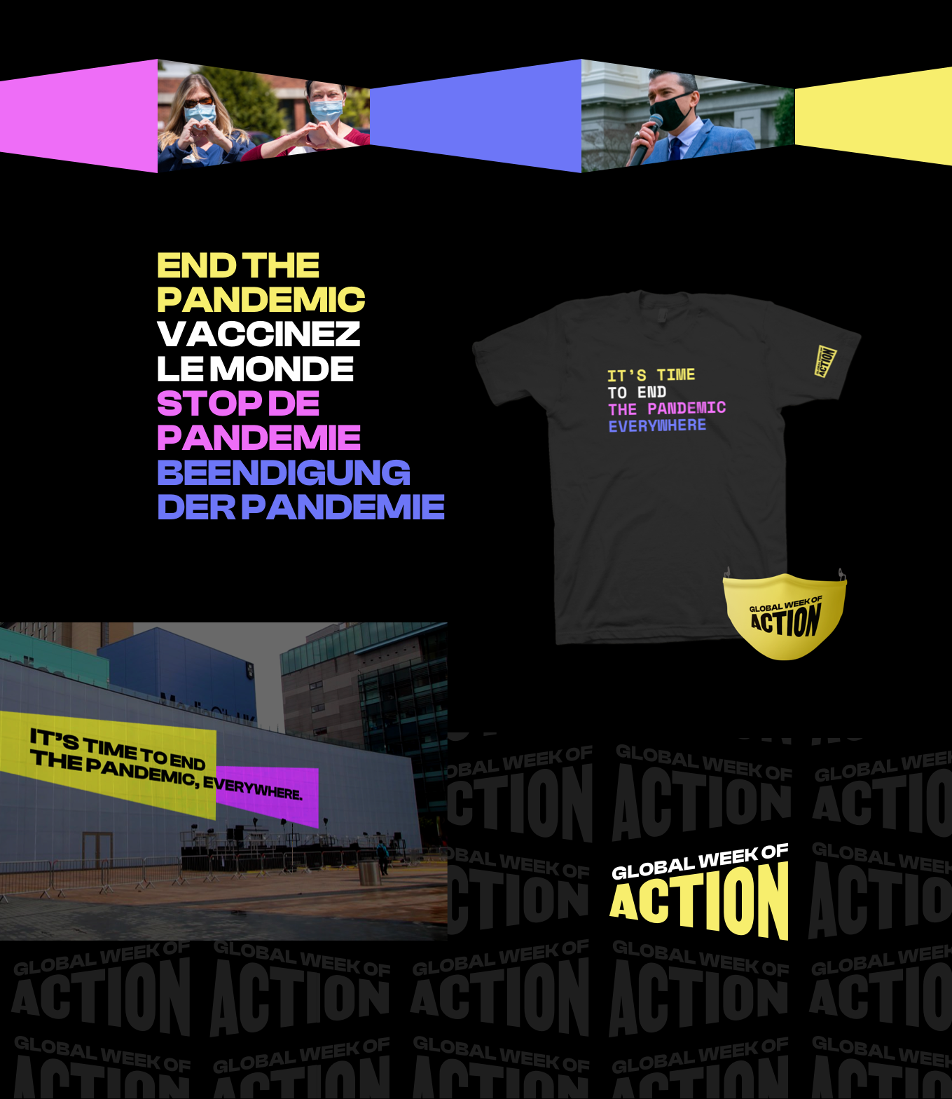 Global Week of Action brand collage showing a shirt, face mask, and various visual applications