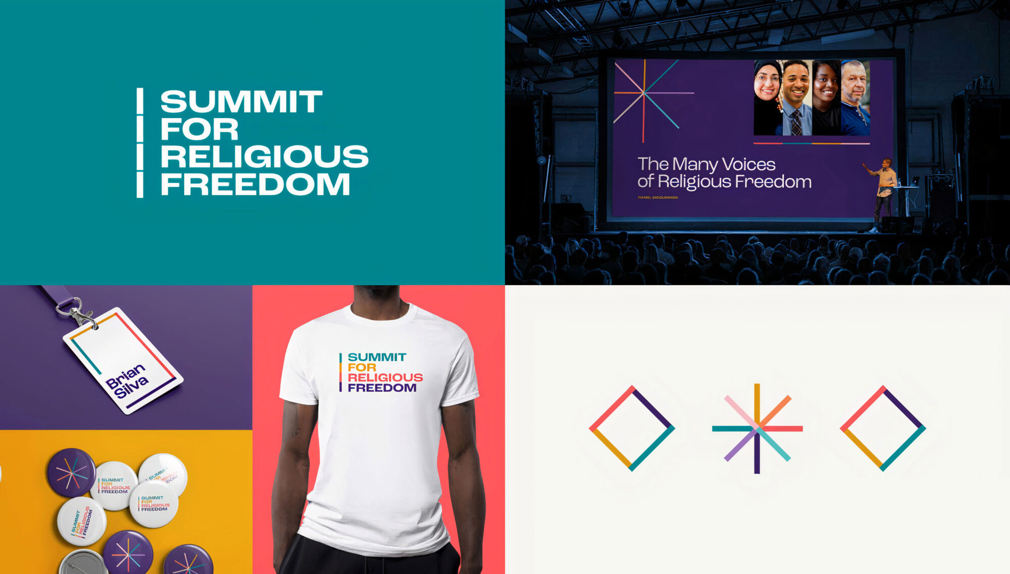 Summit for Religious Freedom Event Branding, including buttons, badge, t-shirt and marks