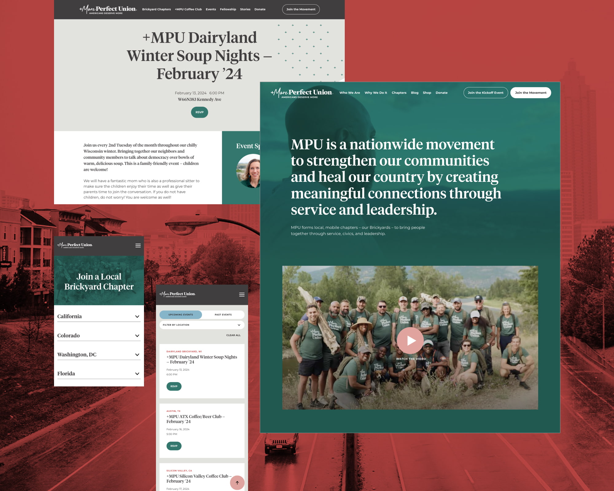 A collage of +MPU's single events page design with a headline sitting on a light gray background; +MPU's homepage with a swath of green and an image of a Black man looking into the distance; and two mobile design screens sit on top of a city scape which has a coral-colored overlay.
