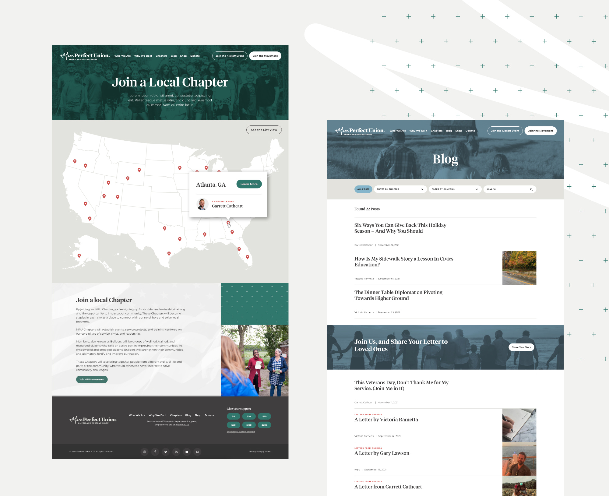 A collage of the +MPU web page designs features: a chapter Page with a community photo on a swath of green and a map of the united states; a blog page with a photo of a family on a farm in light blue and lists of headlines describing articles with photos situated to the right.