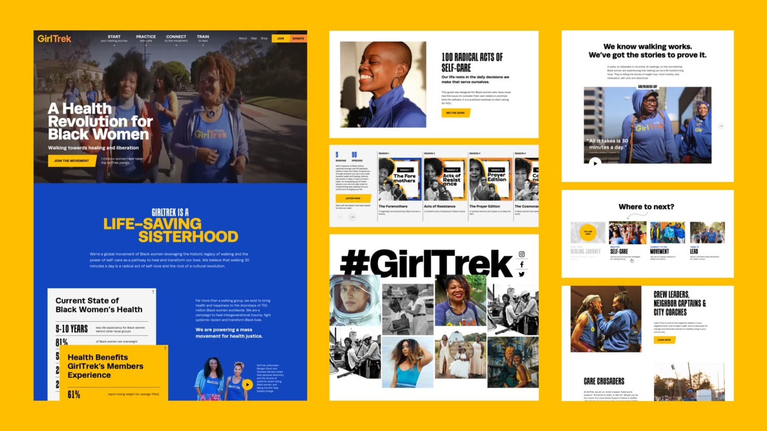 Collage of pages and sections from the redesigned Girltrek website, including the homepage