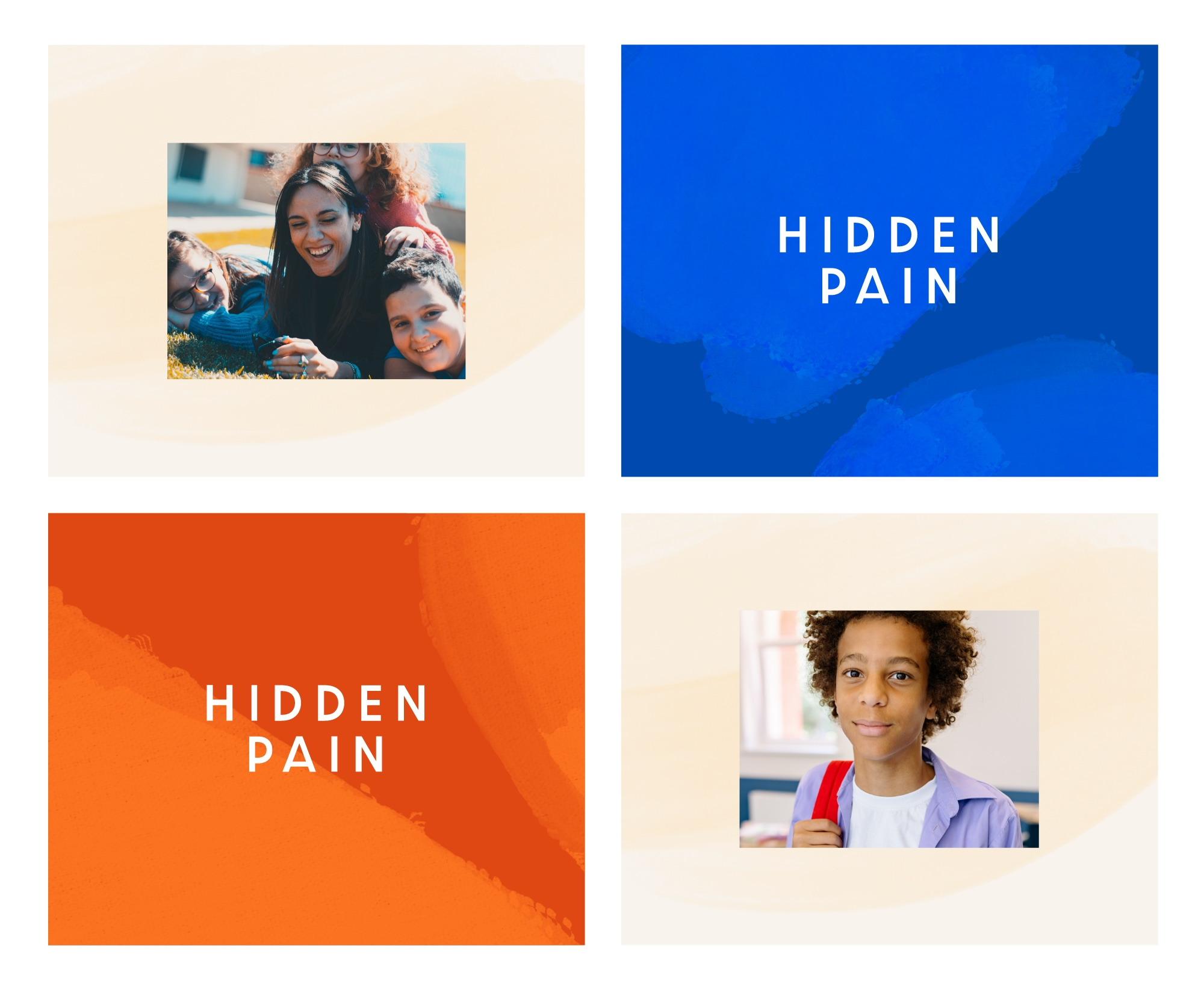 Collage of Hidden Pain brand graphic elements and photos of smiling people
