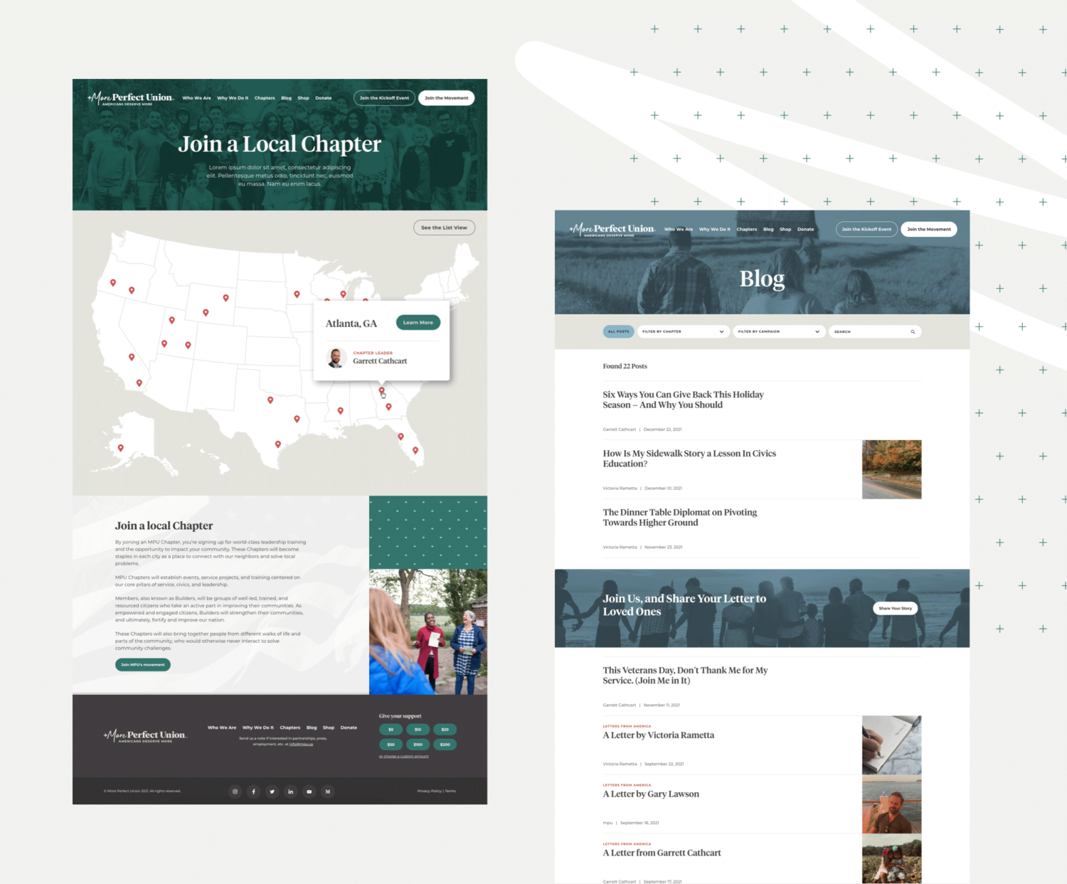 collage of website mockups including chapter pages and blog