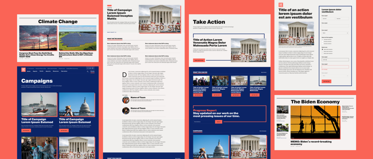 Collage of a few page mockups from the CAP Action website redesign
