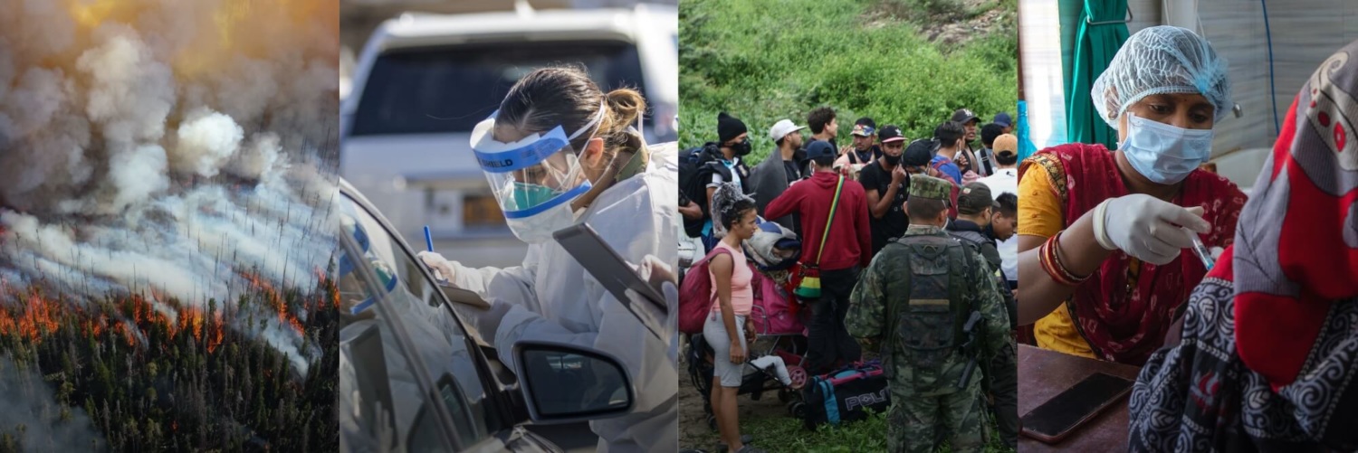 Four images of global disasters: California wildfires, COVID testing, Venezuelan Refugee Crisis, and COVID vaccinations