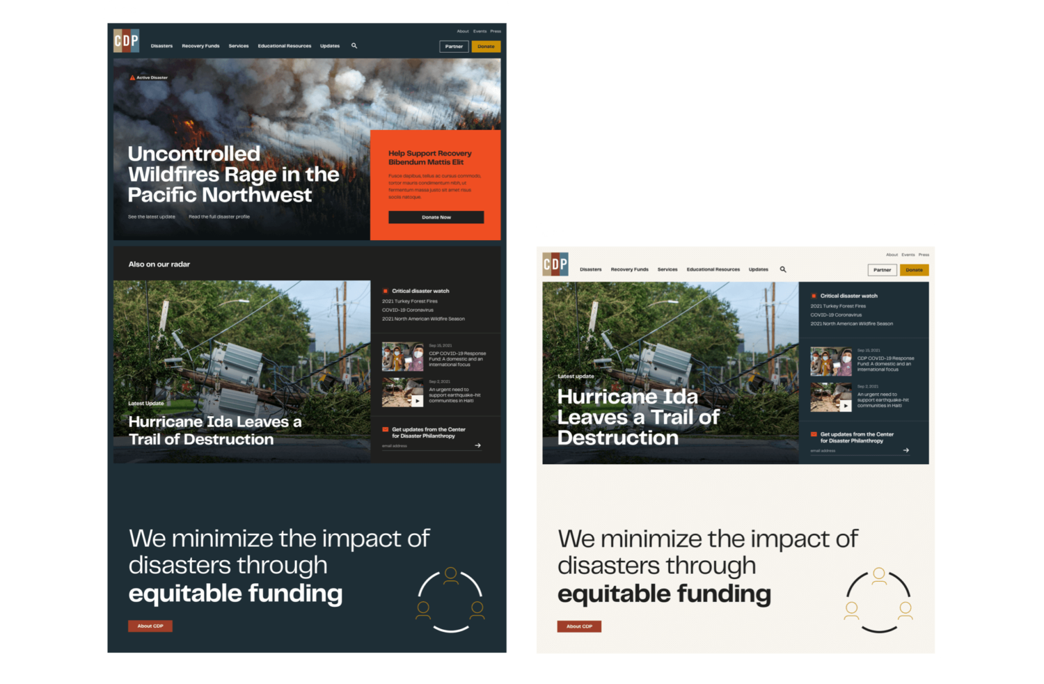 Two homepage designs for the CDP website showing dark disaster mode on the left and a lighter normal mode on the right.