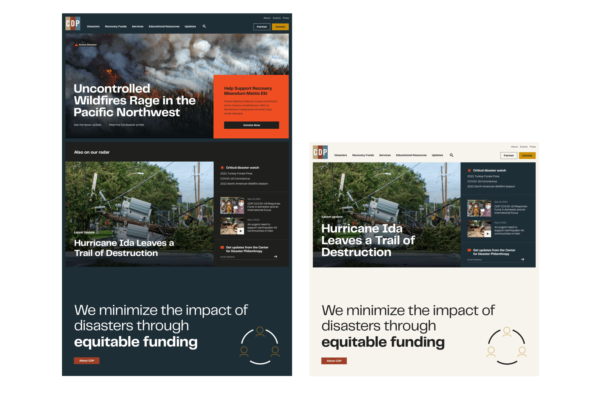 Two homepage designs for the CDP website showing dark disaster mode on the left and a lighter normal mode on the right.