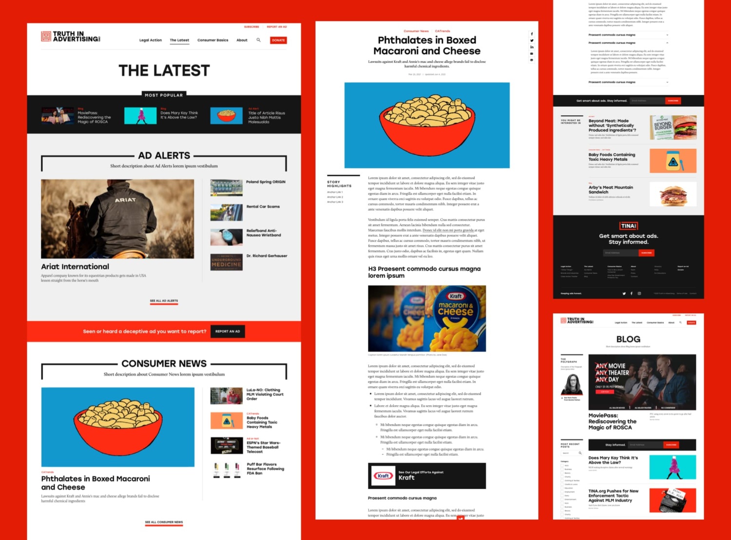 Page designs for TINA's ad coverage through its ad alerts, consumer news, and blog