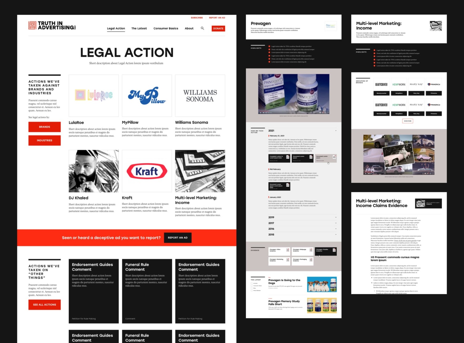 Collage of page designs that showcase the legal work they do against brands and industries