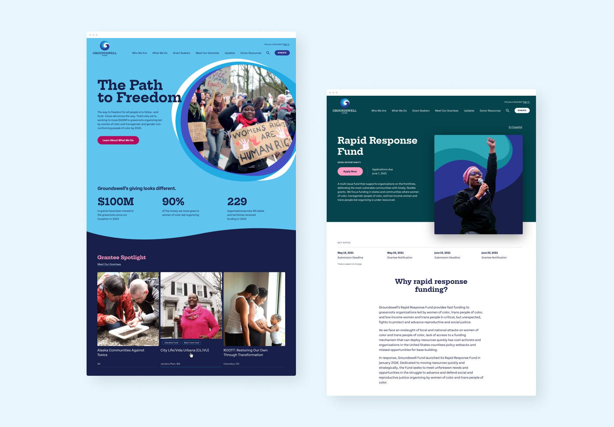 A collage of the webpage designs for Groundswell. The designs include swaths of light blue, dark navy, and teal backgrounds with playful typography and protest images of Women of Color activists.