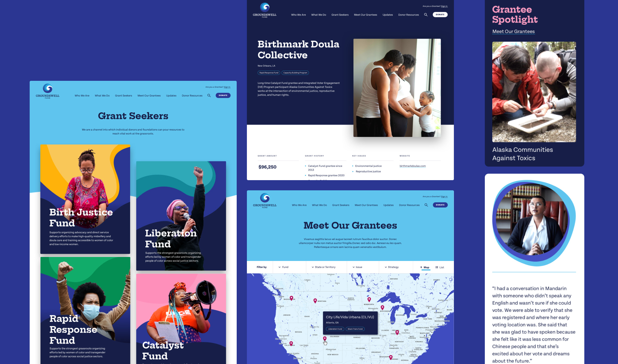 A collage of the Groundswell Website pages and mobile phone screens. A majority of the designs feature light blue and dark navy backgrounds with colorful images of POC activists and also playful typography.
