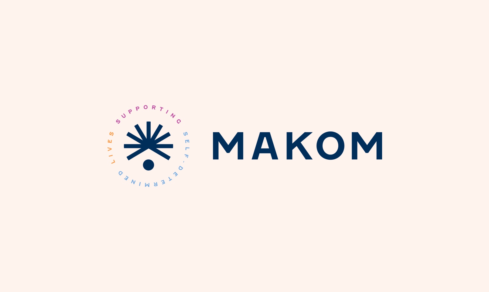 radiating starburst icon with the text 'supporting self-determined lives' around it, with the word 'MAKOM' in all caps