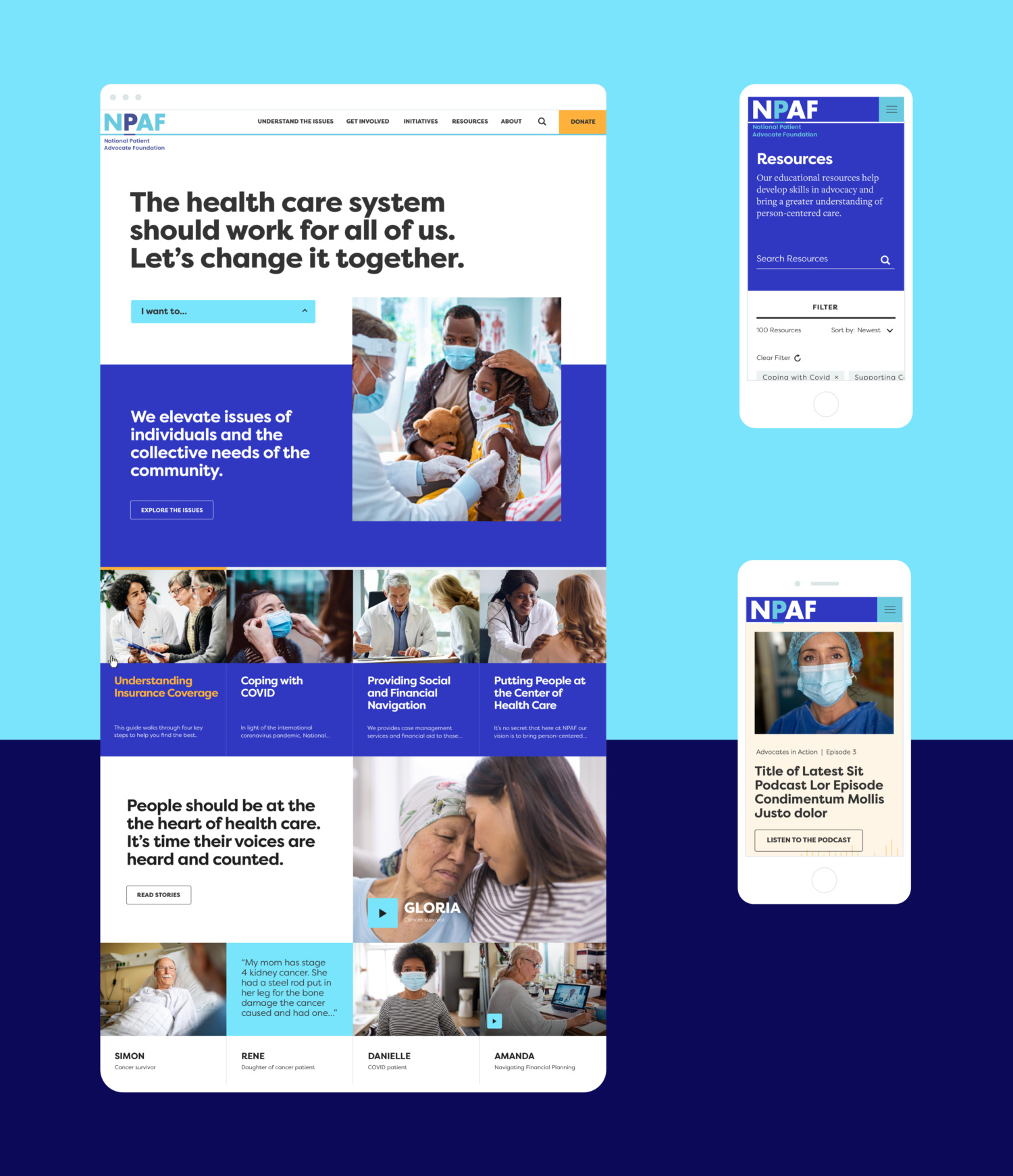 Homepage displaying NPAF's vision of a the health care system should work for all of us through displaying key issues and patient stories.