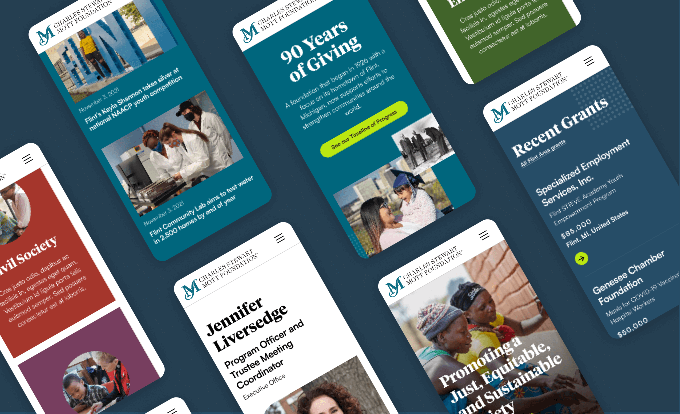 A collage of mobile website designs for the Mott Foundation website