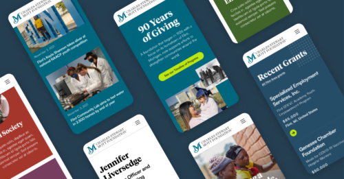 Collage of mobile view of various Mott Foundation website pages