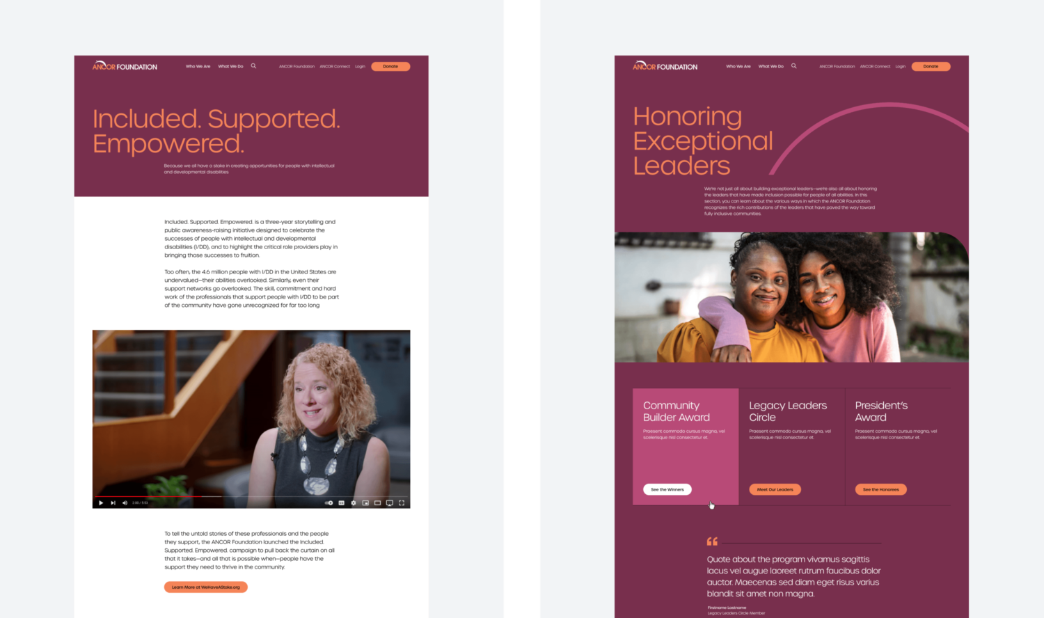 Side-by-side webpage designs for the ANCOR Foundation website