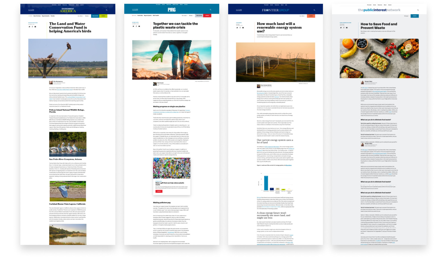 Side-by-side collage of article pages for Environment America, PIRG, Frontier Group, and The Public Interest Network