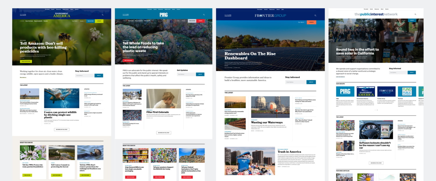 Side-by-side collage of homepages for Environment America, PIRG, Frontier Group, and The Public Interest Network