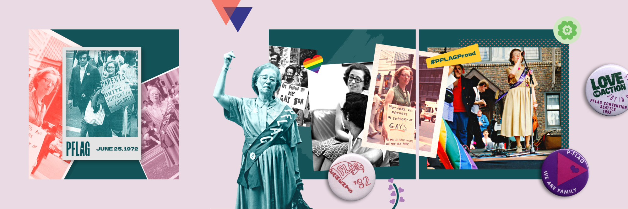 PFLAG Instagram social post collage featuring PFLAG's founder Jeanne and historic pins/buttons throughout PFLAG's history