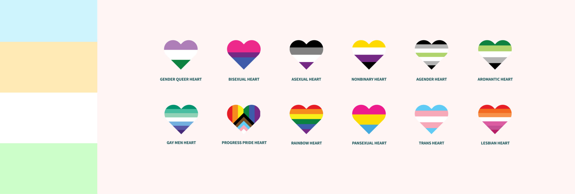 A visual collage of the PFLAG pastel color palette and LGBTQ+ heart icons