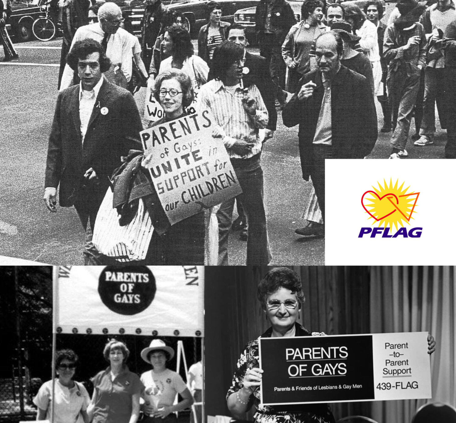 A collage of history photos from LGBTQ+ rights marches and protests.