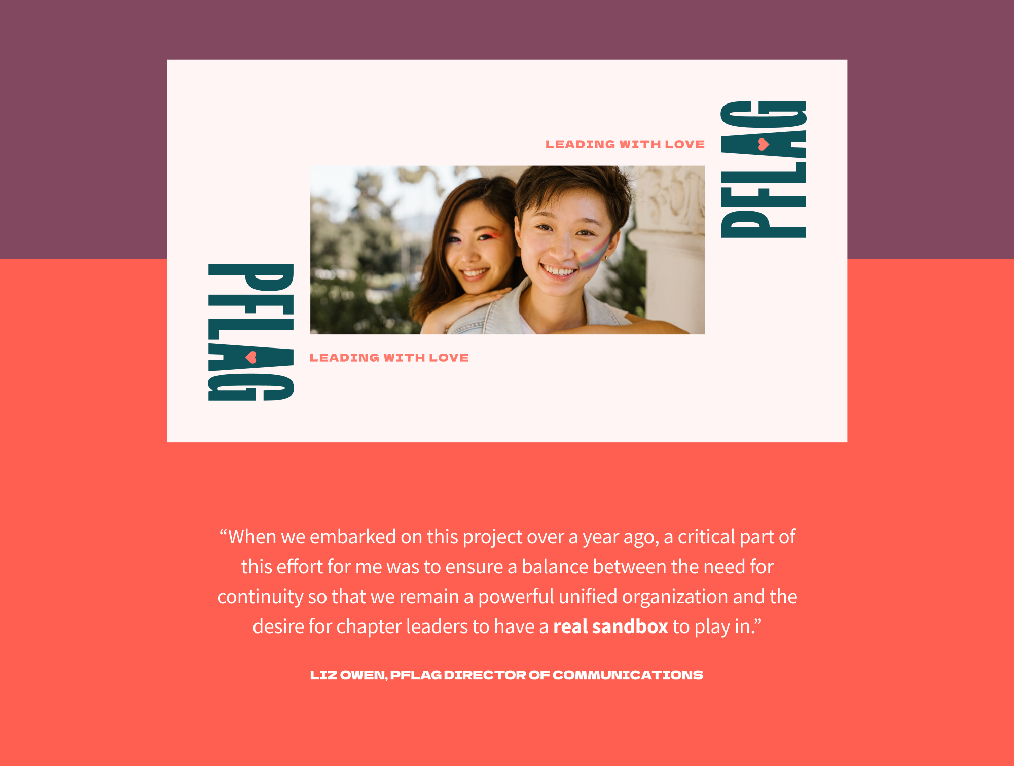 A design with vertical PFLAG logo framing a photo of two LGBTQ+ people smiling at the camera.