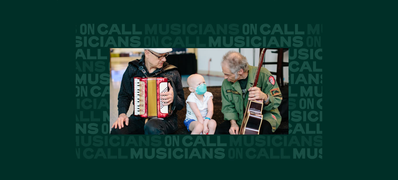 A texture with the words Musicians on Call layers behind a photo of two men playing instruments for a young girl in a hospital.