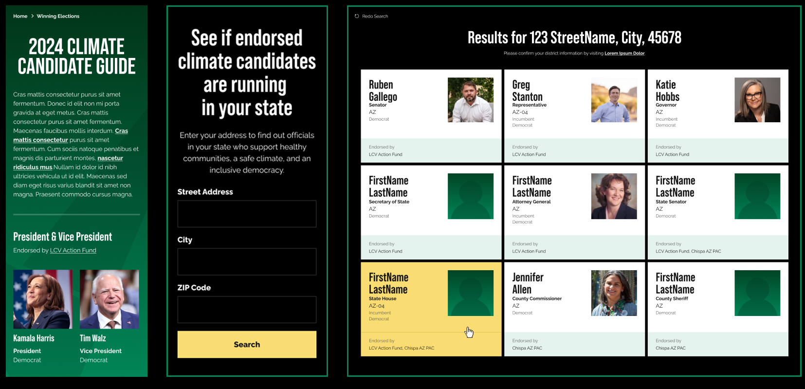 Screens from the 2024 Climate Candidate Guide