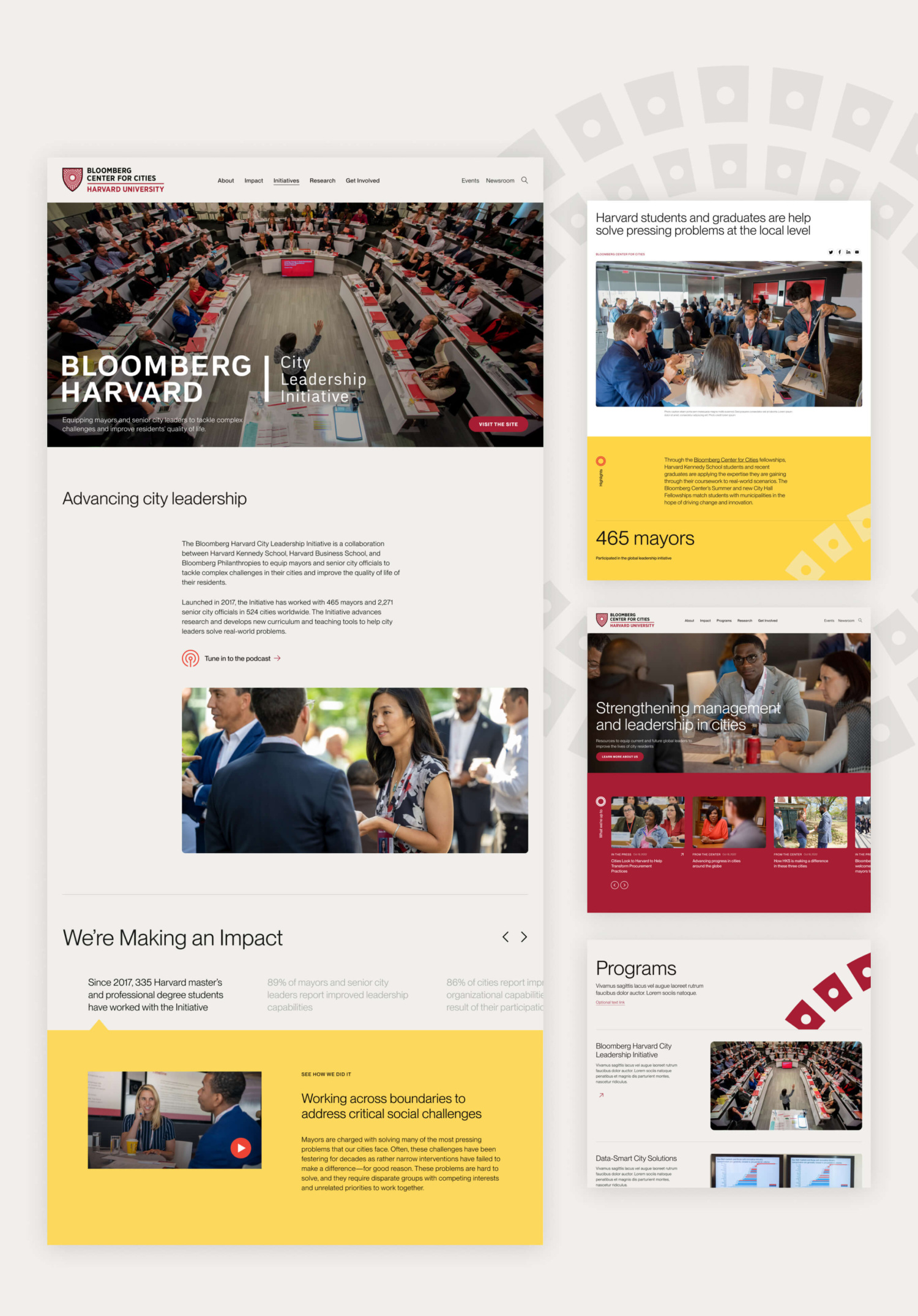 A collage of webpage designs for Bloomberg Center for Cities Harvard University