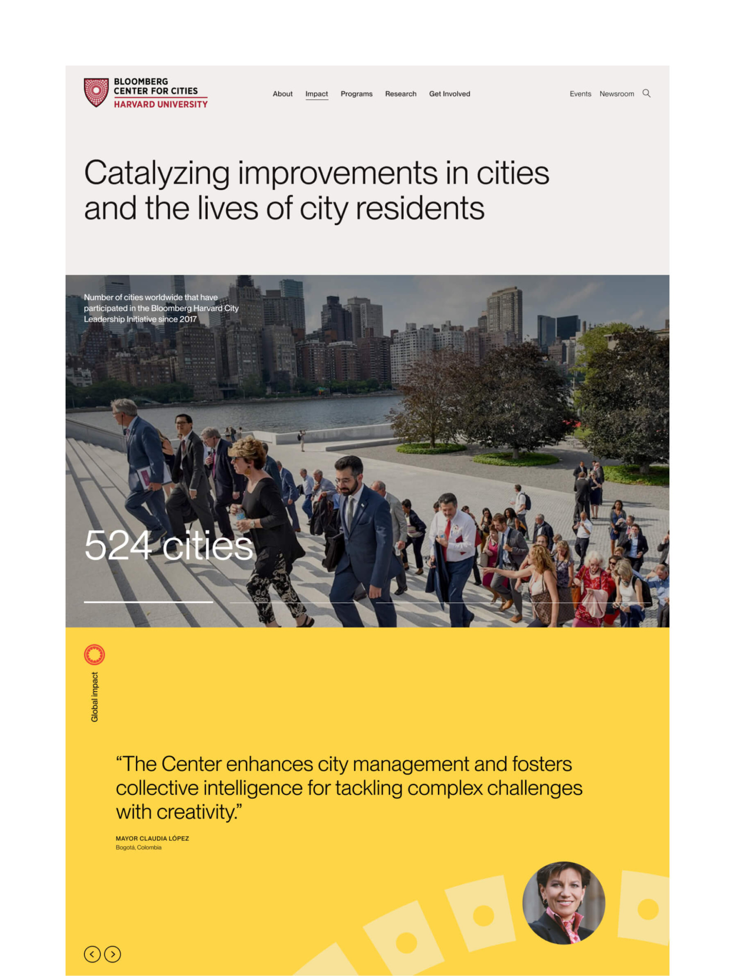 A webpage for the Bloomberg Center for Cities Harvard University with a photo of a larger group of city leaders walking up the front steps of a city hall building.