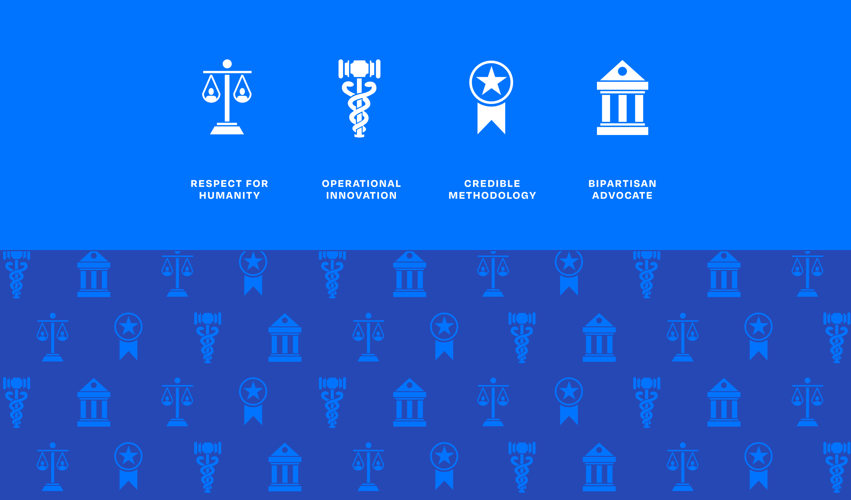 Custom icons showcasing All Rise's core pillars: respect for humanity, operational innovation, credible methodology, and bipartisan advocate.