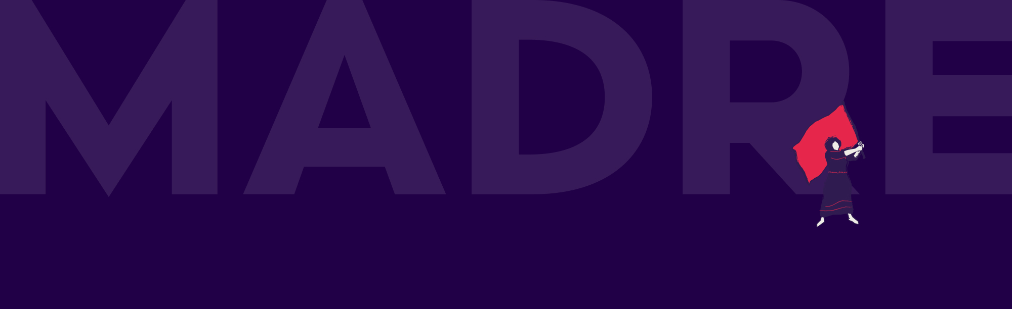 The MADRE logo sits on a dark purple background and looks as if it is faded into it; a graphic silhouette of a feminist waving a hot pink flag sits on top of the logo