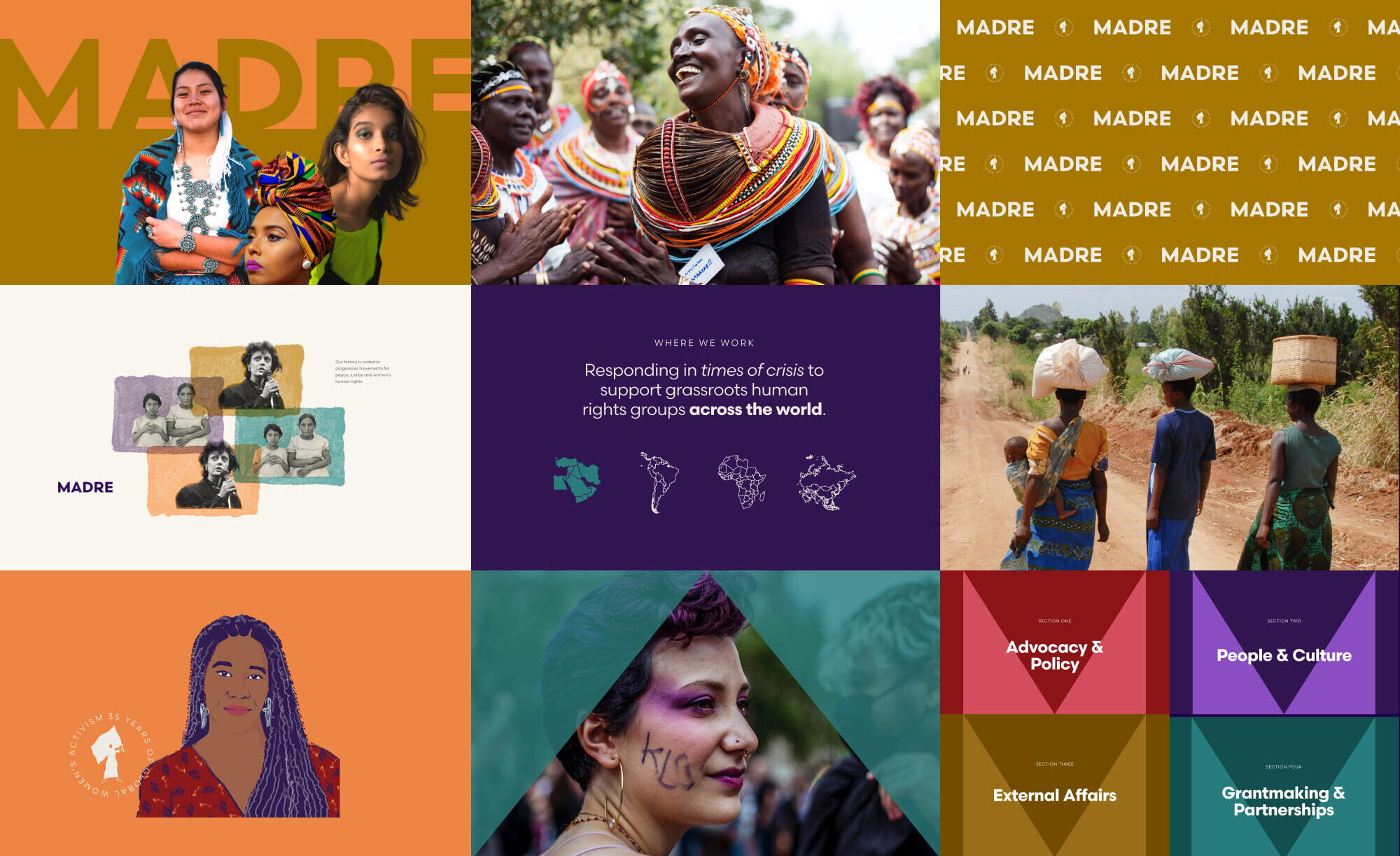 A collage of MADRE design elements features nine rectangles. The first rectangle features the MADRE logo and three women of color, one of Indigenous descent, one of African descent, and one of Indian descent. The second image features a woman of African descent in traditional, colorful clothing laughing and surrounded by community. The third image is a pattern of the MADRE logo and a MADRE badge repeated over and over on gold. The fourth image is a collage of black and white historic imagery sitting on top of painted blocks of pastel. The fifth image is dark purple and features a headline plus map graphics of continents across the world. The sixth image features three African women carrying baskets on their heads in colorful clothing walking along a dirt road; one of the woman holds a baby in a fabric carrier on her hip. The seventh image features an illustration of a Black employee at MADRE. The eight image features an androgynous individual with expressive purple makeup and a teal triangle graphic overlayed on her face. The final image features the various colors of MADRE related to different categories including reds for advocacy and policy, purples for people and culture, golds for external affairs, and teals for grantmaking and partnerships.