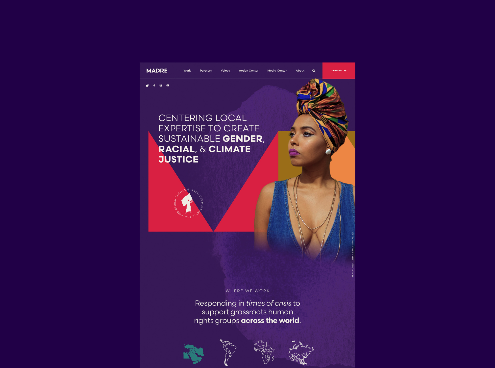 MADRE’s homepage web design sits on top of a dark purple background. The design features blocky, triangular elements in hot pink and orange with various headlines and typographic details. A black woman in a turban sits on top of the graphic shapes and looks of in the distance with resilience.