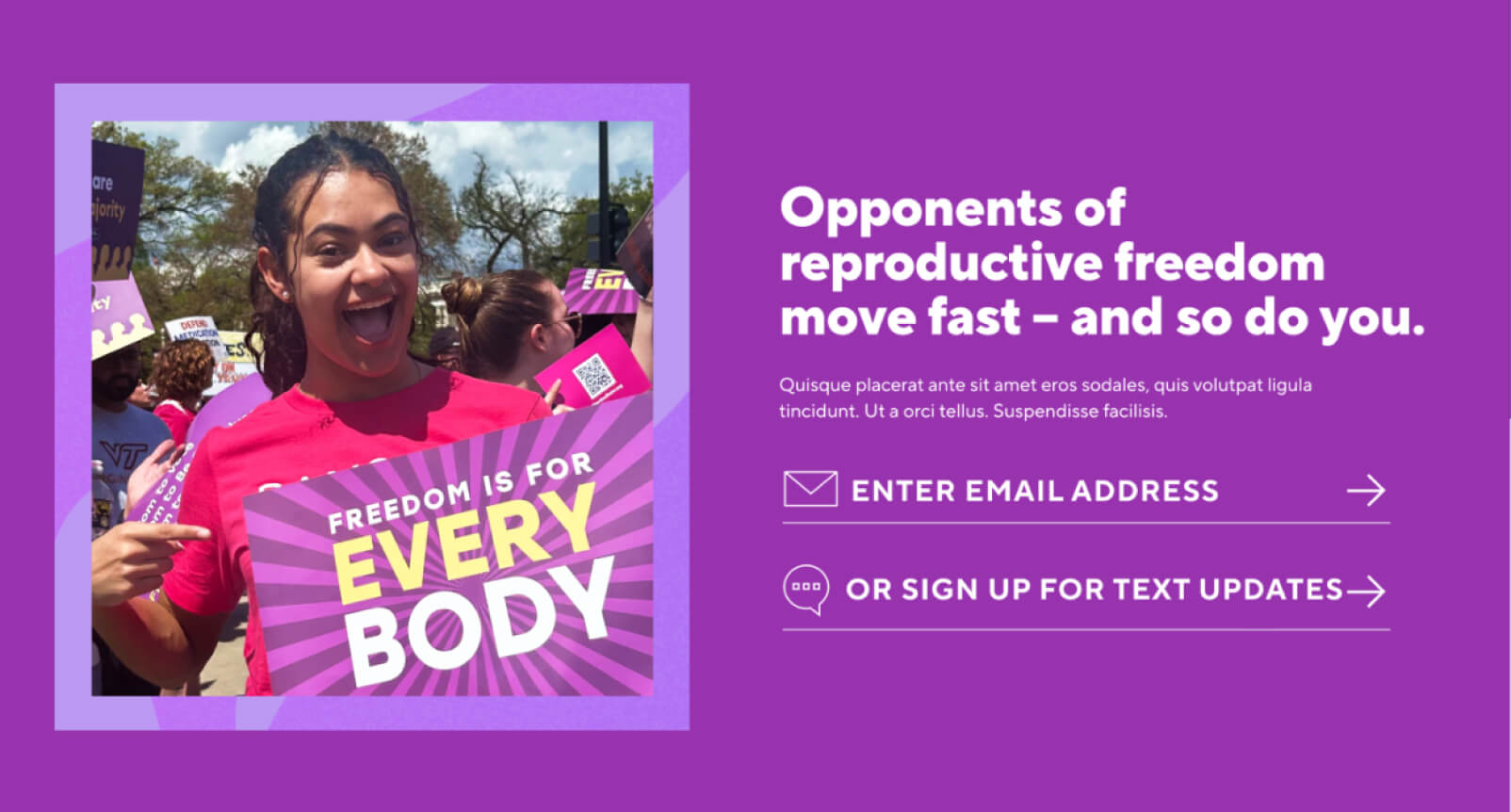 A photo of a young woman with a reproductive freedom rally sign, next to a newsletter signup box.
