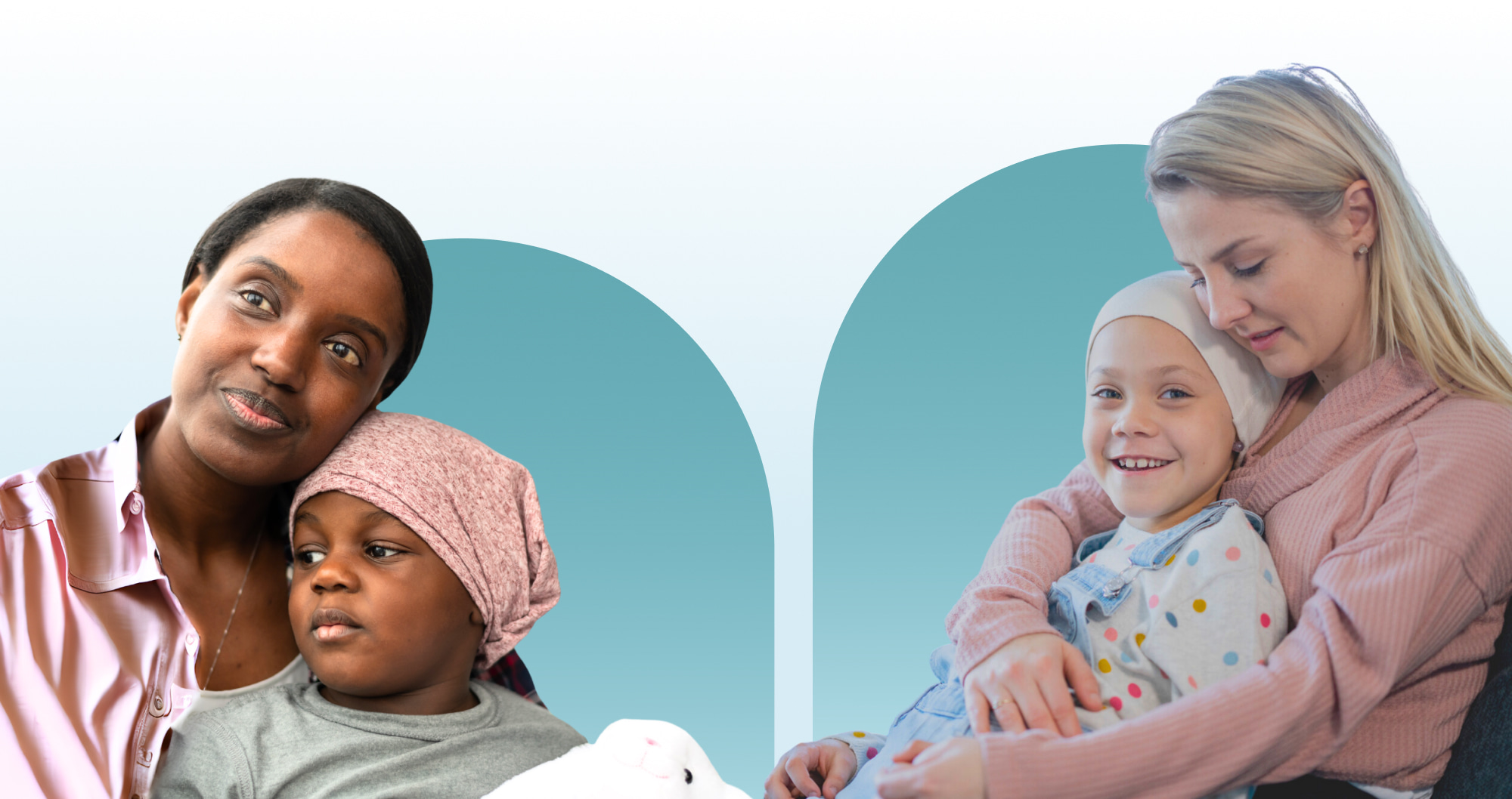 Two mothers, one Black and one white hold their young children in their arms. Both children wear head coverings as they are cancer patients. The mothers and children sit on top of pale blue gradient arch graphics.